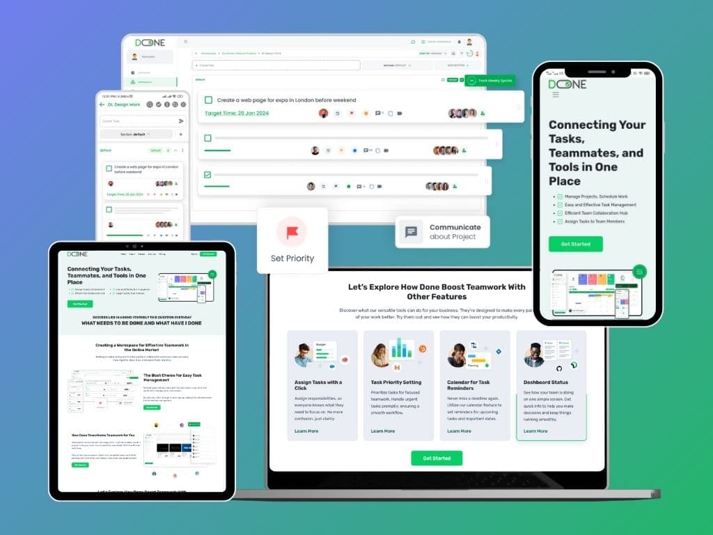 DONE feature grid: task assignment, priority setting, reminders and dashboard status