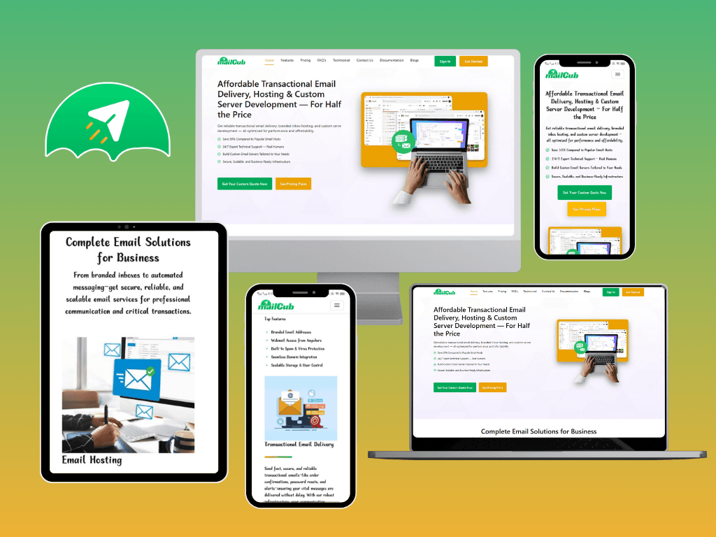 MailCub pricing and feature pages across desktop and mobile