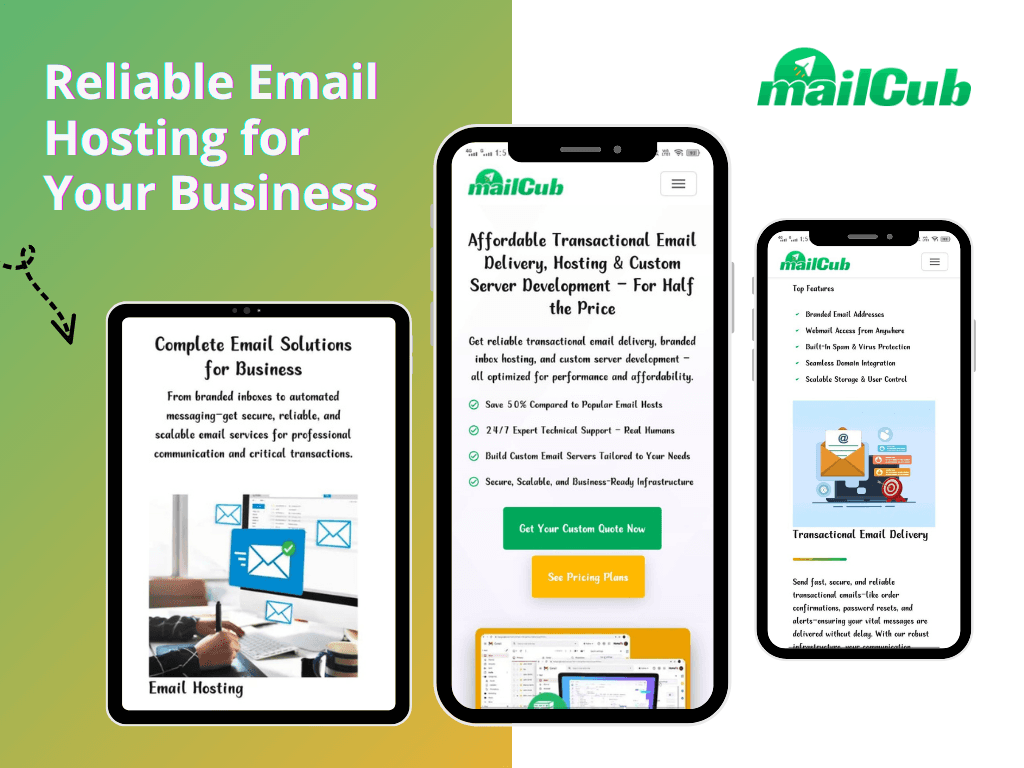 MailCub site pages shown together with client-logo strip