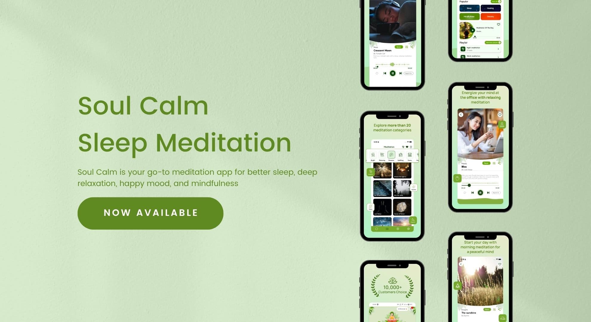 Soul Calm meditation-category browser and its 10,000+ customer badge
