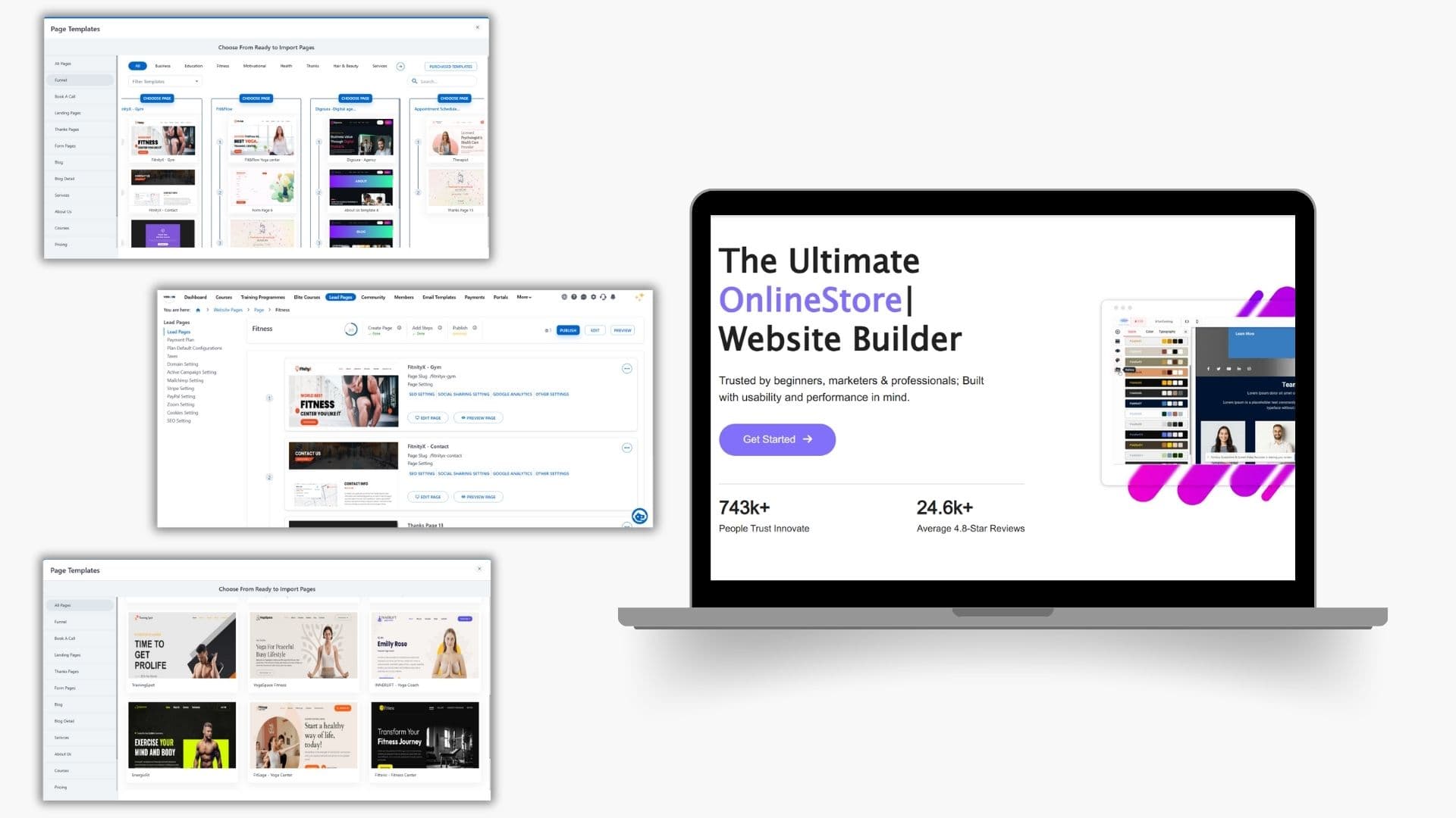 Vissioon builder editing a fitness-gym funnel, shown on laptop and tablet