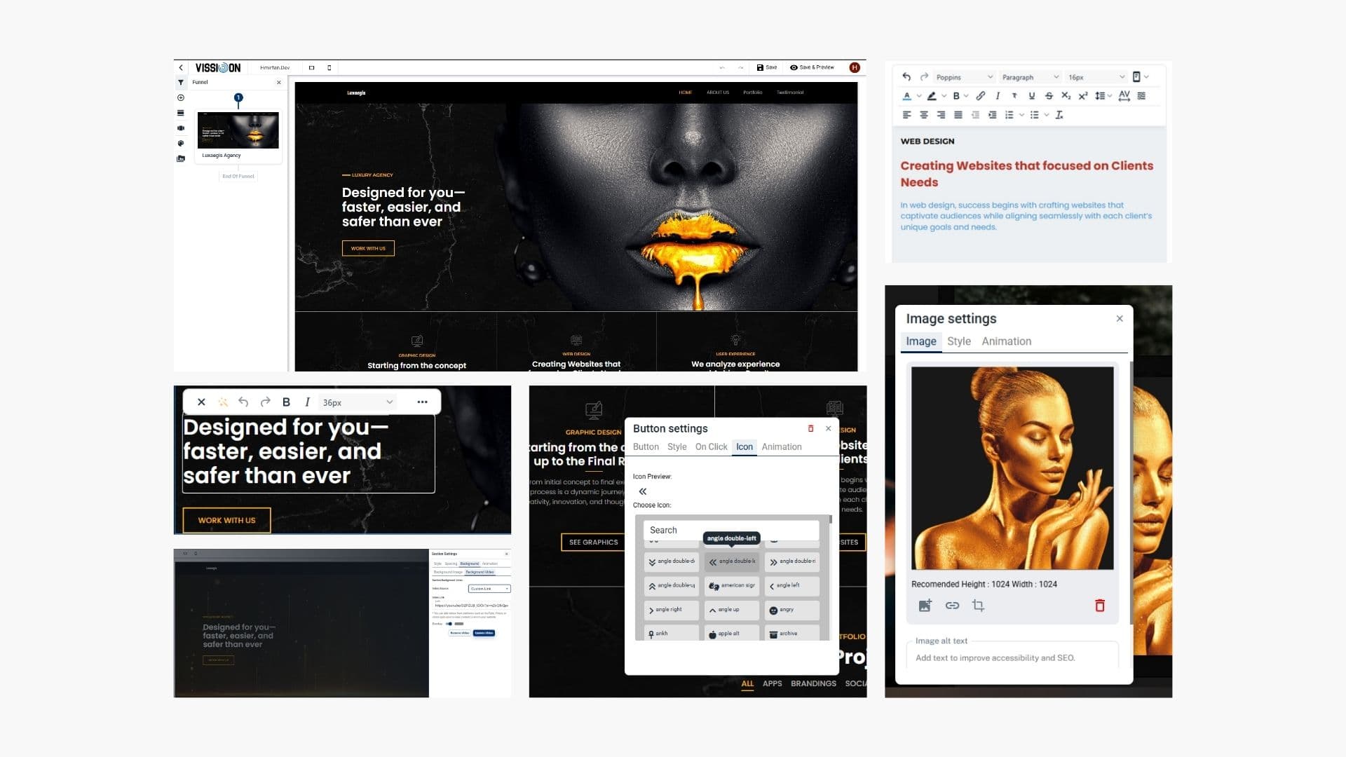 Vissioon's section library, button settings and icon picker