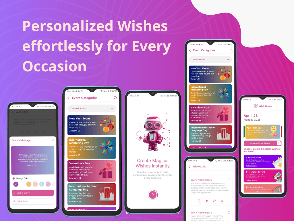 Wish Genie's event-categories list and wish-image share screen