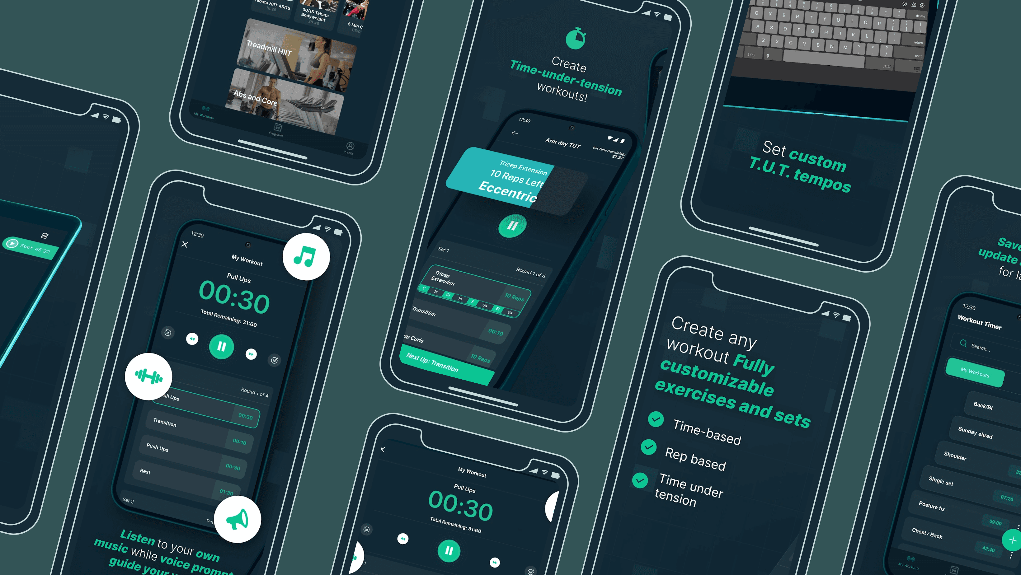 Workout Timer's featured workouts and an active interval timer screen