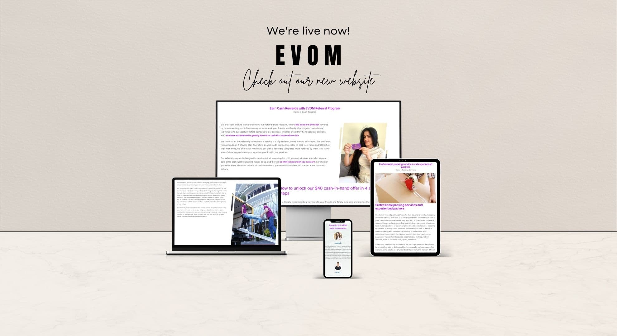 EVOM referral programme and packing-services pages on tablet and phone mockups