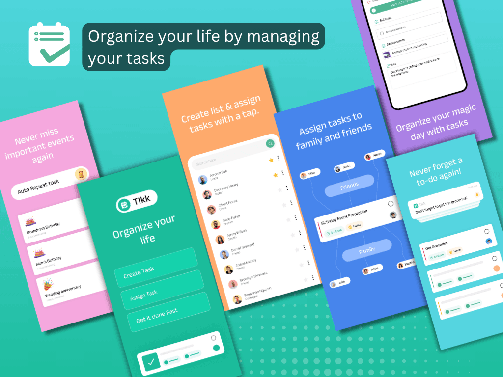 Tikk app hero: organize your life, with task creation and assignment screens